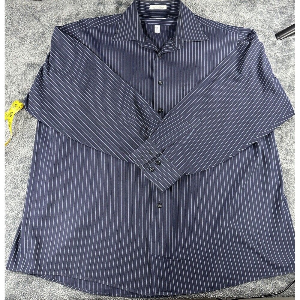 Van Heusen Men's Dress Shirt 17.5 34/35 Navy Blue White Pinstripe Wrinkle Free